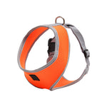 A high-visibility orange dog harness with gray trim, adjustable strap, and metal D-ring, shown on a plain white background.