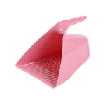 A glossy pink plastic dustpan with a slotted bottom and curved handle, shown on a plain white background.