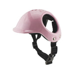 A light pink safety helmet with a large circular eye opening, black interior padding, and a black adjustable chin strap with a plastic buckle, shown on a plain white background.