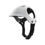A white protective helmet with a black adjustable chin strap and black interior padding, shown from a side profile on a solid white background.