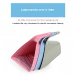 Three cat litter scoops in pink, blue, and gray on a white background with text about capacity and cleaning.