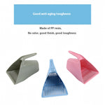 Three plastic dust pans in gray, blue, and pink are shown on a white background with text describing anti-aging toughness and PP resin material.