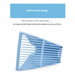 A light blue plastic cat litter scoop with a hollow space design, shown on a white background with a blue header that reads 'Hollow space design' and explanatory text about cleaning cat litter.