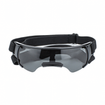 Black goggles with a clear lens on a white background