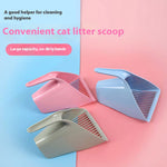 Three plastic cat litter scoops in pink, light blue, and gray are arranged on a split pastel blue and pink background with promotional text.