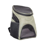 A pet carrier backpack in light beige and black mesh, shown on a plain white background.